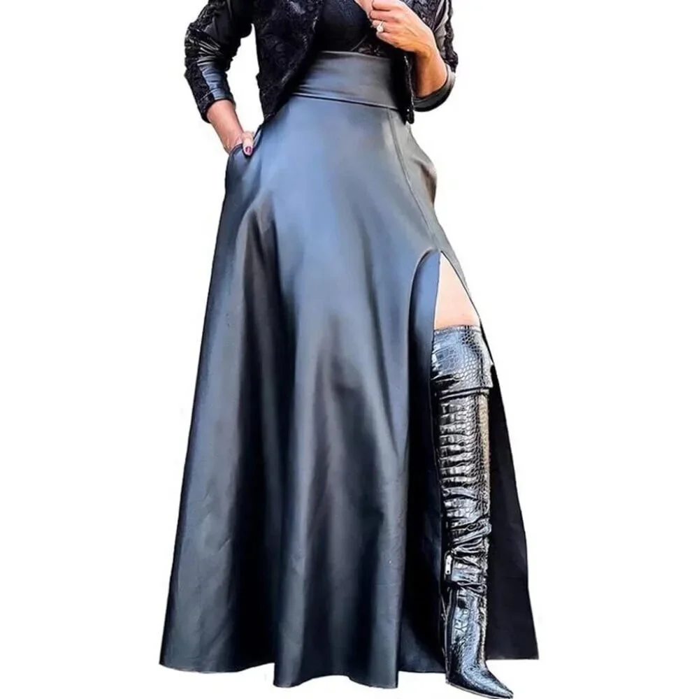 Women Black High Waisted Sexy PU Leather Vintage A-Line Long Skirt Pockets - Picture 2 of 6